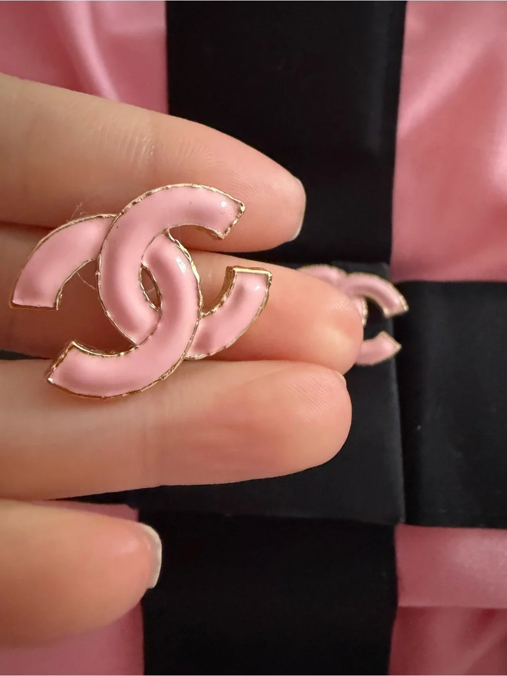 CHANEL Pink and Gold Interlocking CC Stud Earrings